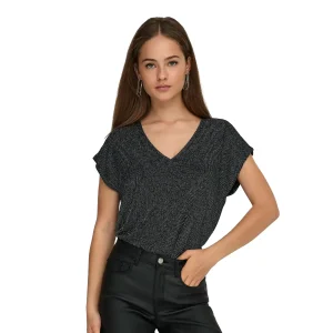 Only Carol S/S V-Neck Glitter Top Black/Silver Glitter